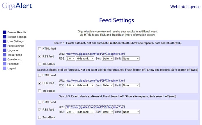 Screenshot of Giga Alert feed settings
