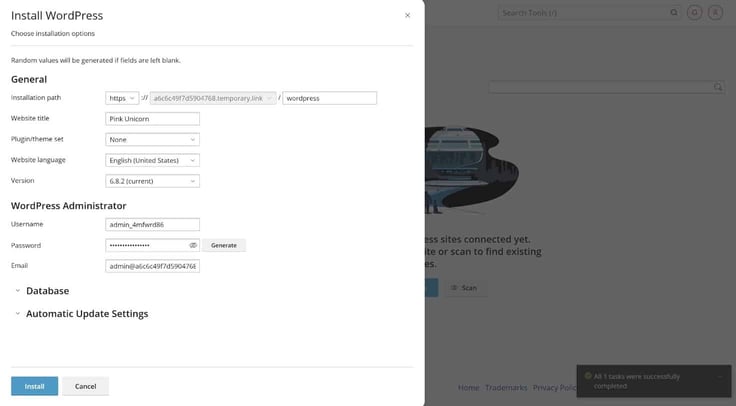 installing WordPress through cPanel