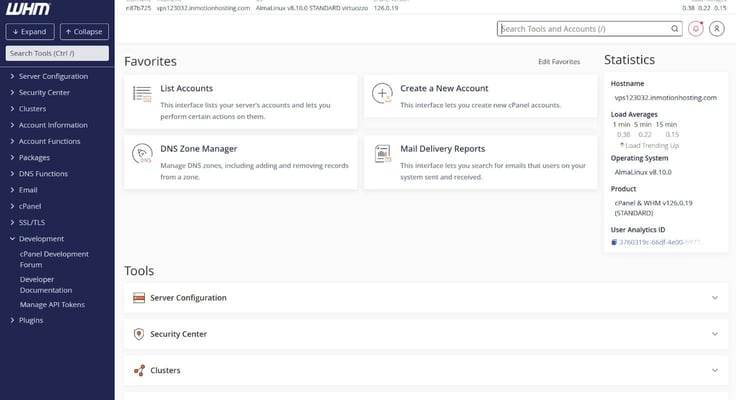 WHM dashboard