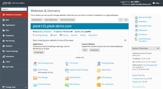 Screenshot of Plesk interface