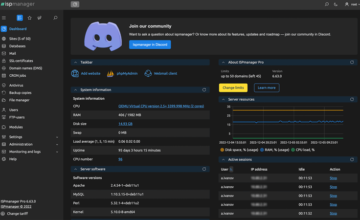 ispmanager dashboard screenshot