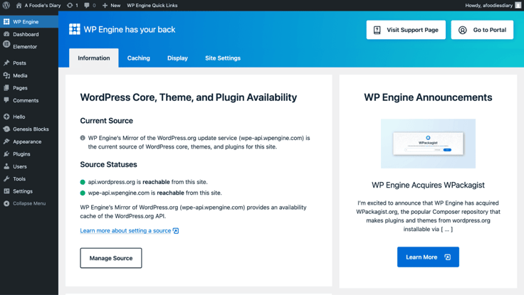 WP Engine WordPress dashboard