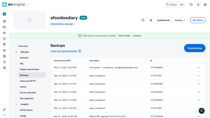 backups page of user portal