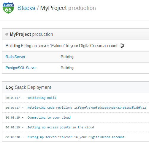 Cloud 66 dashboard app being deployed and logged Cloud 66 dashboard app being deployed and logged