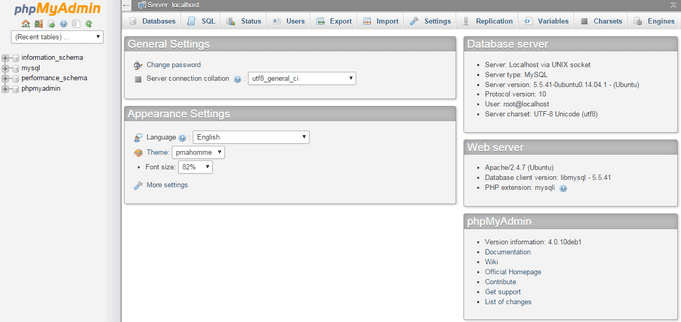 phpMyAdmin Dashboard phpMyAdmin Dashboard