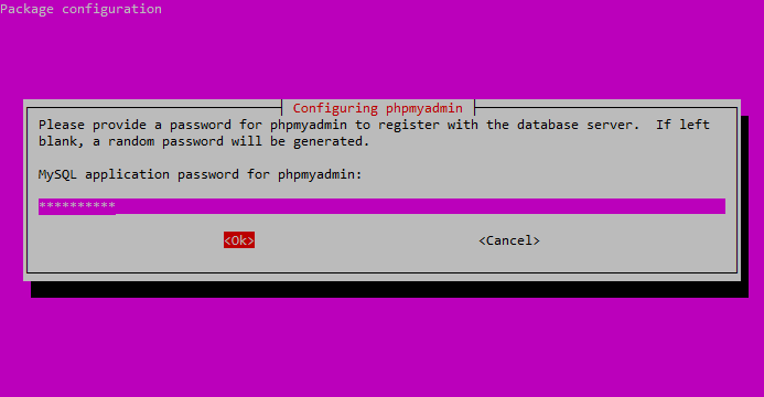 phpMyAdmin Package Configuration Enter phpMyAdmin Password phpMyAdmin Package Configuration Enter phpMyAdmin Password