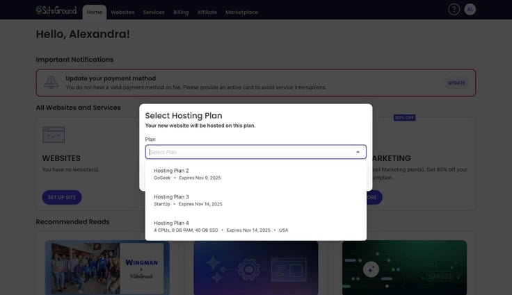 SiteGround websites tab