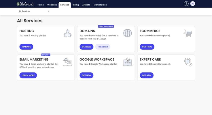 SiteGround services tab