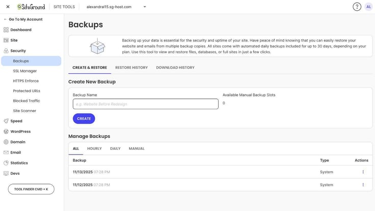 SiteGround backups feature