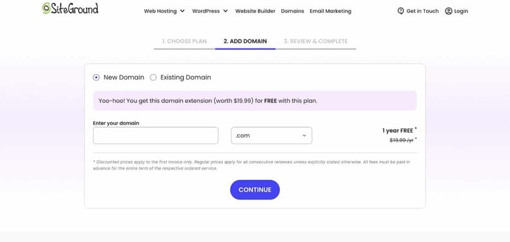 SiteGround domain registration page