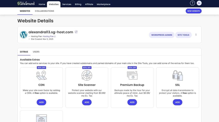 SiteGround dashboard