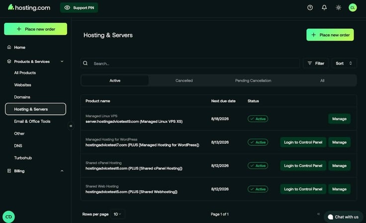 Hosting.com dashboard Hosting.com dashboard
