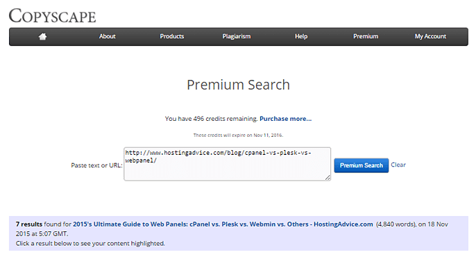 Screenshot of Copyscape Premium plagiarism scanner Screenshot of Copyscape Premium plagiarism scanner