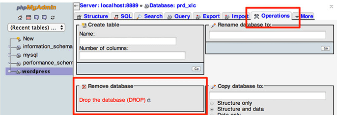 Screenshot of PHPMyAdmin tool for deleting WordPress database