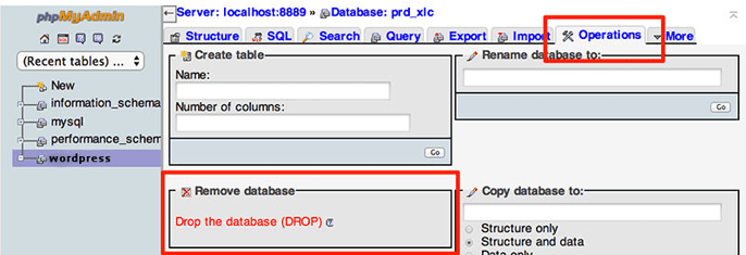 Screenshot of the PHPMyAdmin tool for WordPress database removal Screenshot of the PHPMyAdmin tool for WordPress database removal