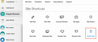 Screenshot of Wix Site Shortcuts - Delete Site