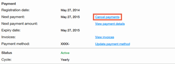 Screenshot of Wix payment info: "Cancel Payments"
