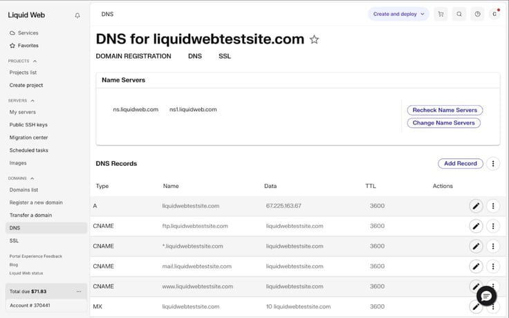 Liquid Web DNS page Liquid Web DNS page