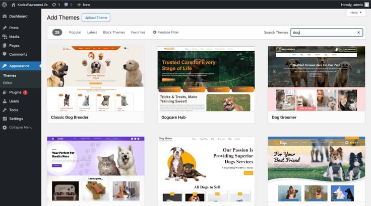 Screenshot of the animal themes in the WordPress dashboard