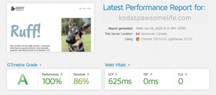 Screenshot of the KodasPawsomeLife.com performance report in GTmetrix.