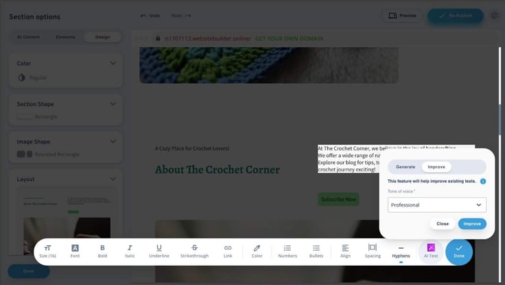 Screenshot of the AI text improver