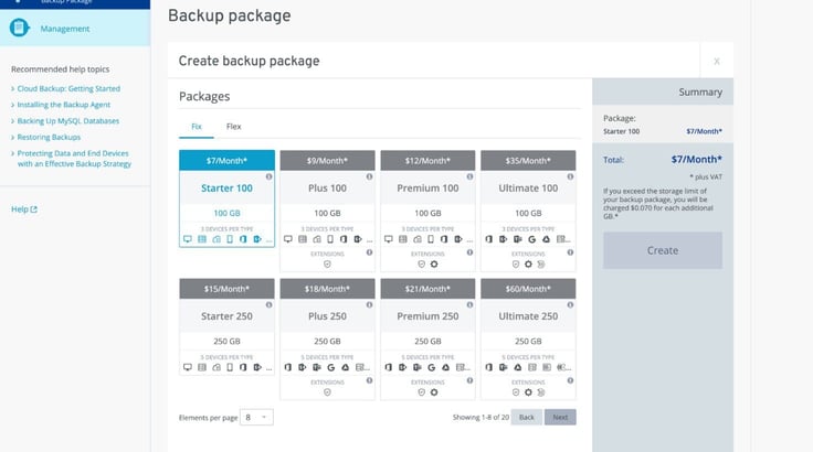 Screenshot of the backups area in the IONOS dashboard