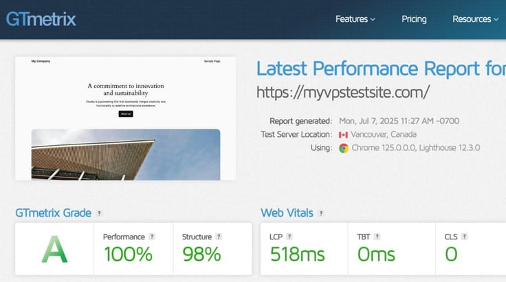 Screenshot of IONOS' VPS GTmetrix performance results
