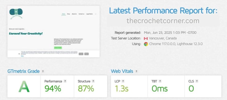Screenshot of IONOS' site builder performance results in GTmetrix