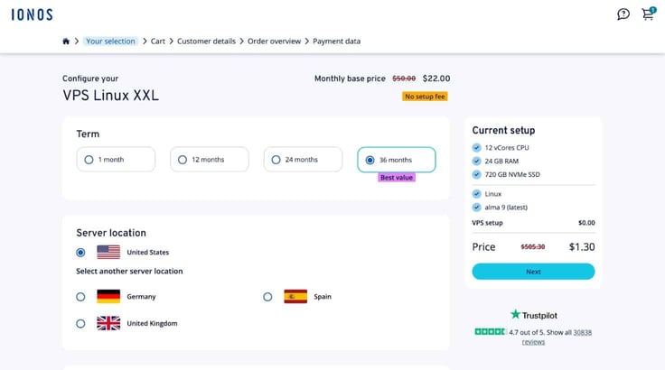 Screenshot of the IONOS VPS checkout page