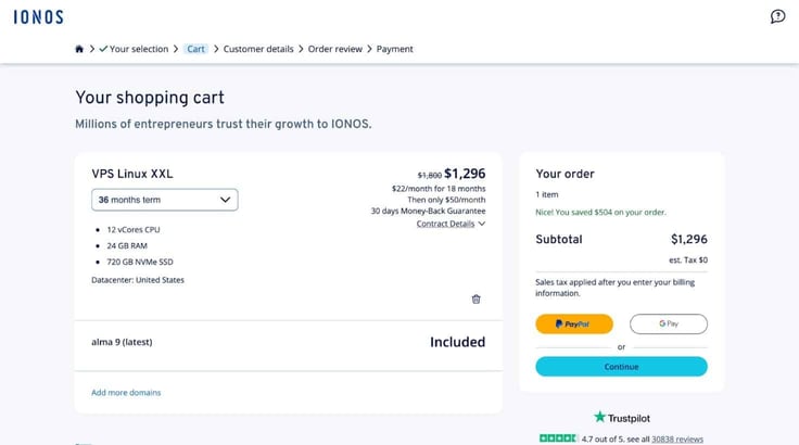 Screenshot of the shopping cart during the IONOS checkout process