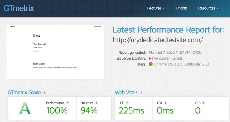 A screenshot of IONOS' dedicated hosting GTmetrix results