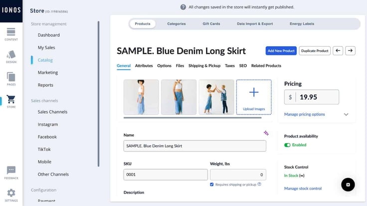 Screenshot of the product management tools in the IONOS eCommerce dashboard