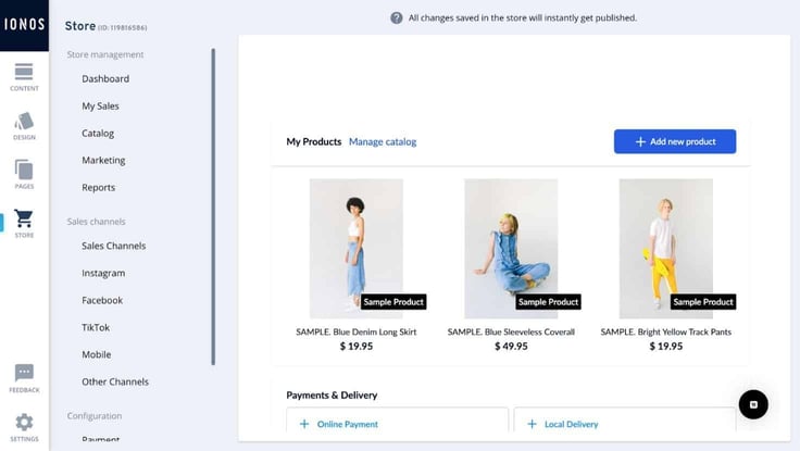 Screenshot of the store management tools in the IONOS dashboard