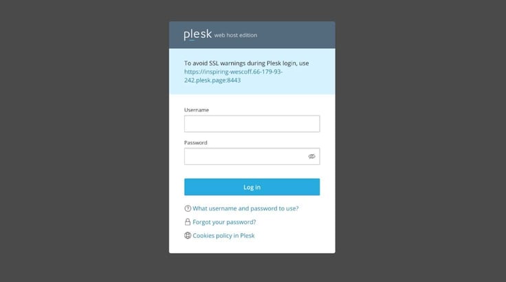 Screenshot of the Plesk log in area