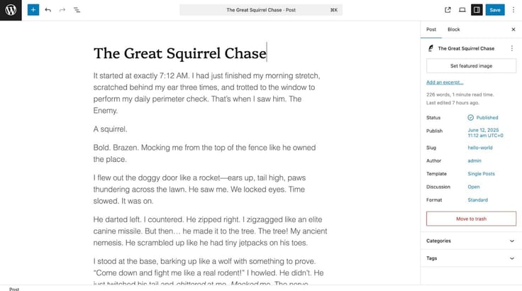 Screenshot of a sample blog in the WordPress editor
