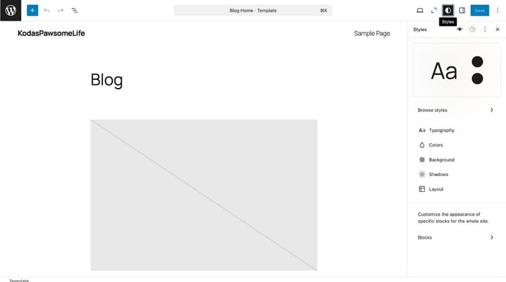Screenshot of a blank blog in the WordPress editor