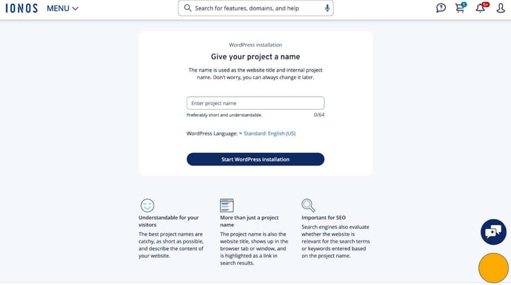 Screenshot of the WordPress installation on the IONOS website