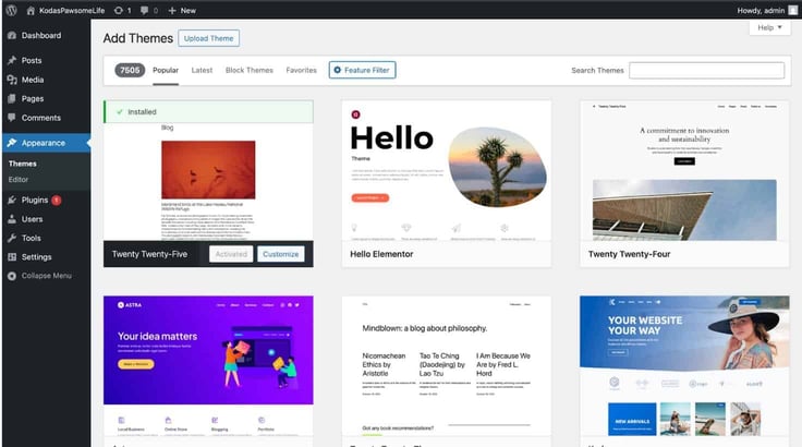 Screenshot of the WordPress themes available under the dashboard