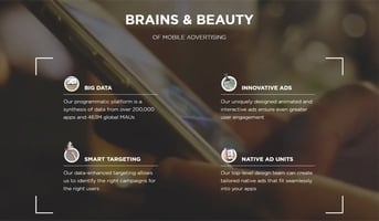 Screenshots of StartApp's "Brains and Beauty" model and "Scale on a Human Level" campaign