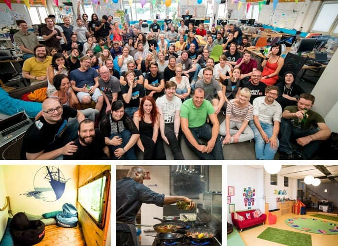 Group picture of Jimdo team with images of their chef, a playroom and relaxation room Group picture of Jimdo team with images of their chef, a playroom and relaxation room