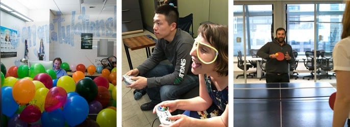 Dan's office is filled with balloons while employees play video games and ping pong Dan's office is filled with balloons while employees play video games and ping pong