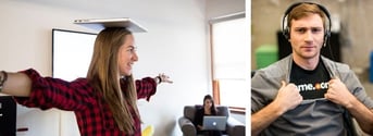 Female employee balances a laptop on her head while male employee shows off his Name.com shirt