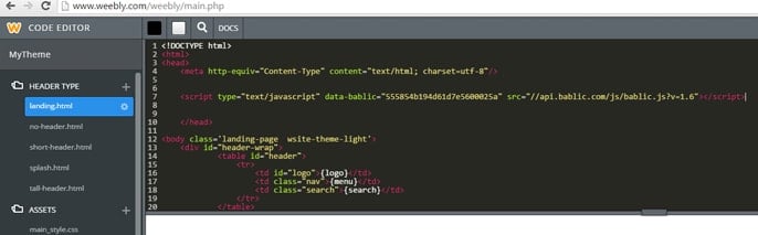 Screenshot of Weebly code editor