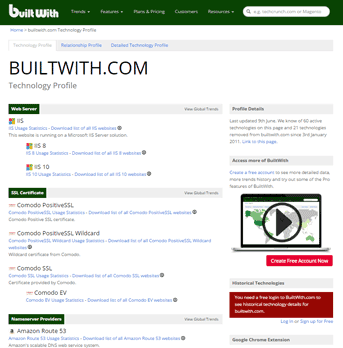Screenshot of BuiltWith's technology profile