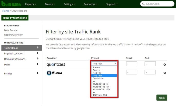 Screenshot of website traffic filter on BuiltWith report