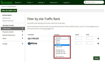 Screenshot of website traffic filter on BuiltWith report