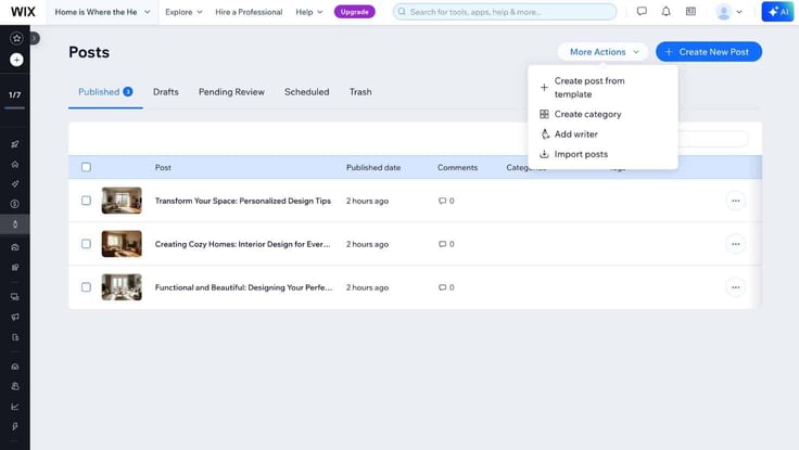 wix blog posts interface