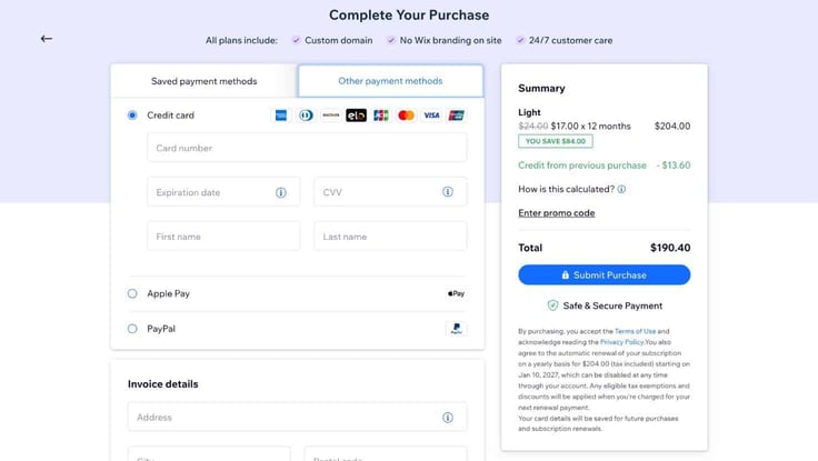 wix checkout page
