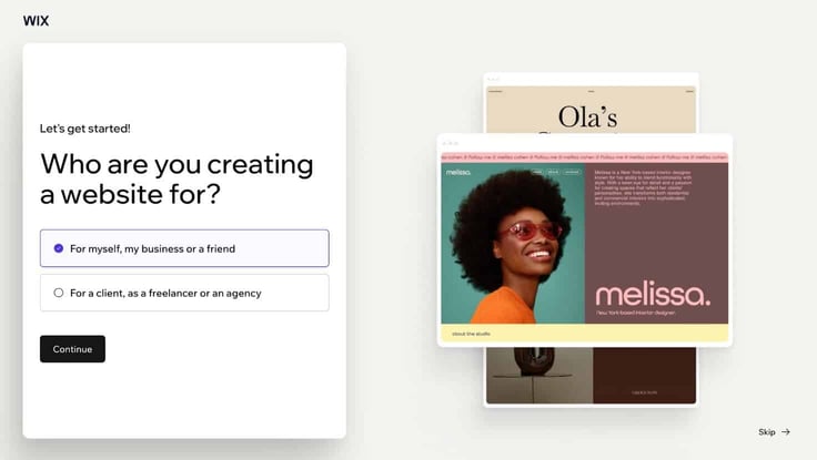 Wix onboarding first step