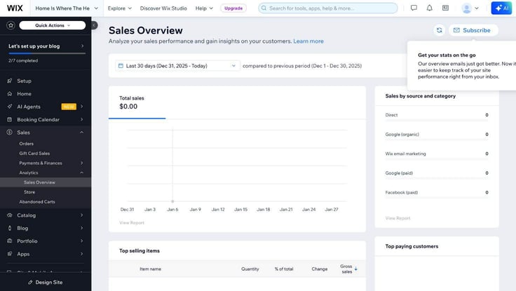 sales overview on wix dashboard